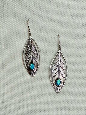 Or Paz STERLING Silver Leaf Dangle Earrings with Blue-Green OPAL